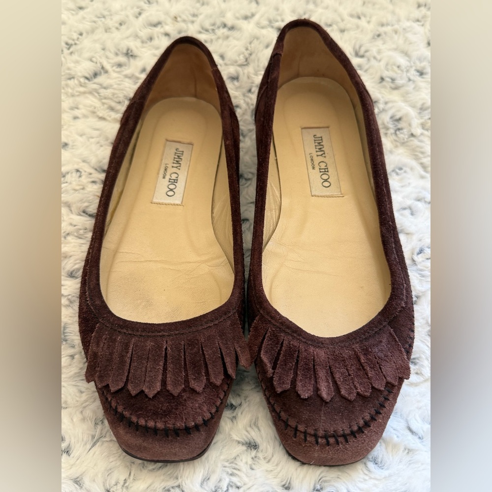 Jimmy Choo Brown Suede Flats with Fringe Detail